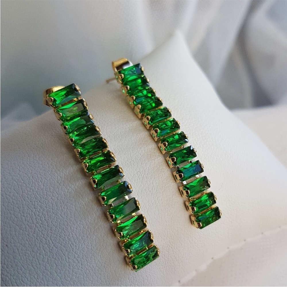 Swarovski Elements Gold Emerald Green Emerald-cut Tennis Earrings NEW